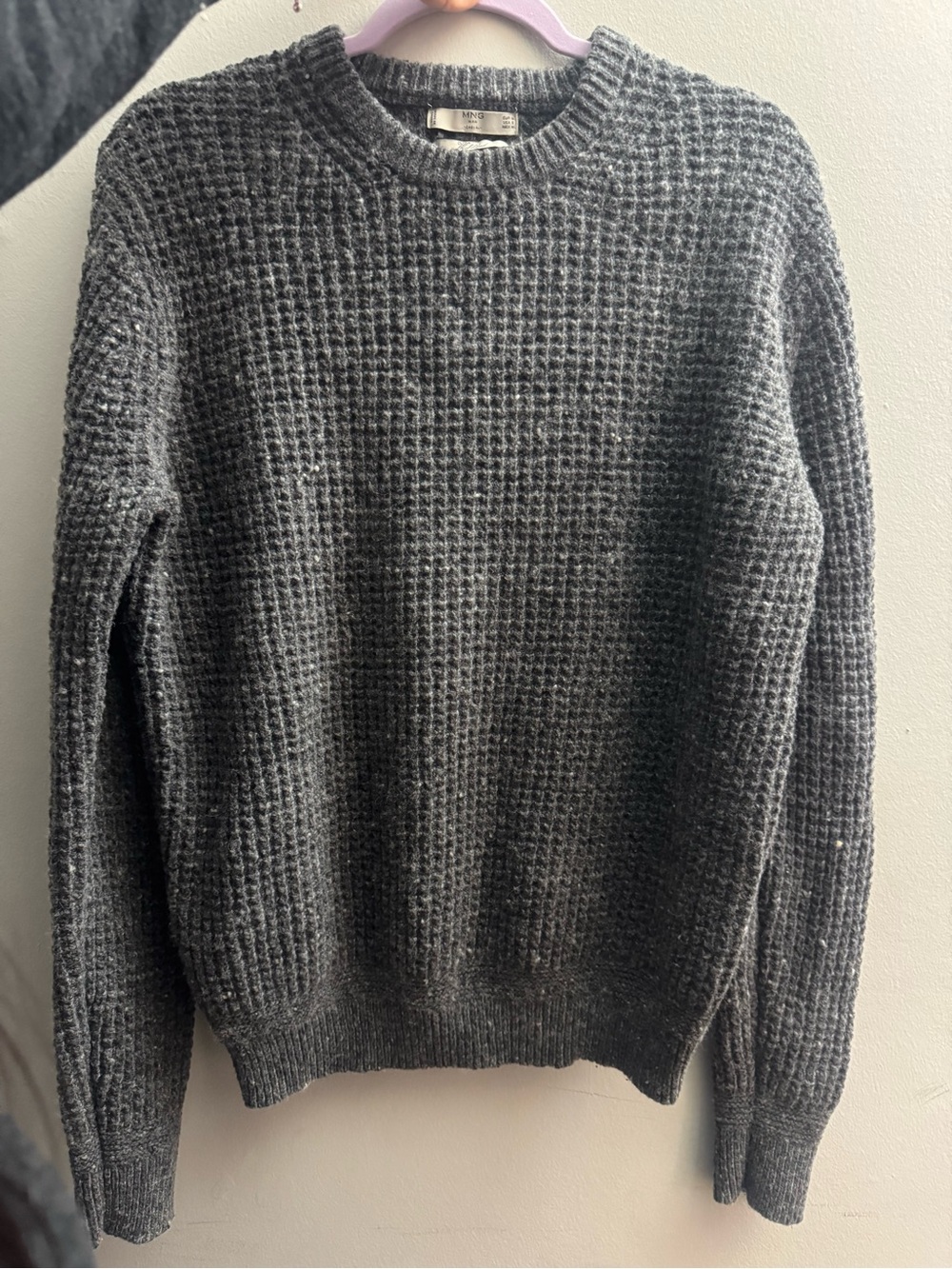Mango Men's Dark Gray Waffle Knit Crewneck Sweater